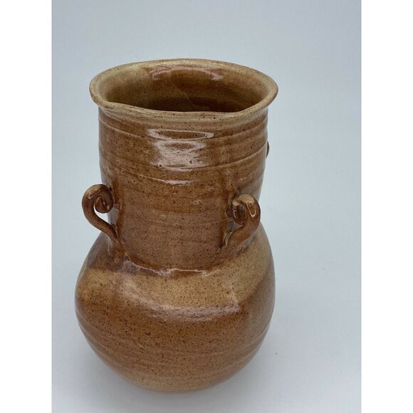 Handmade Art Pottery Vase Vintage 2001 Signed 4‎ Handled Milk Jug 9” Brown Tan - Picture 4 of 12